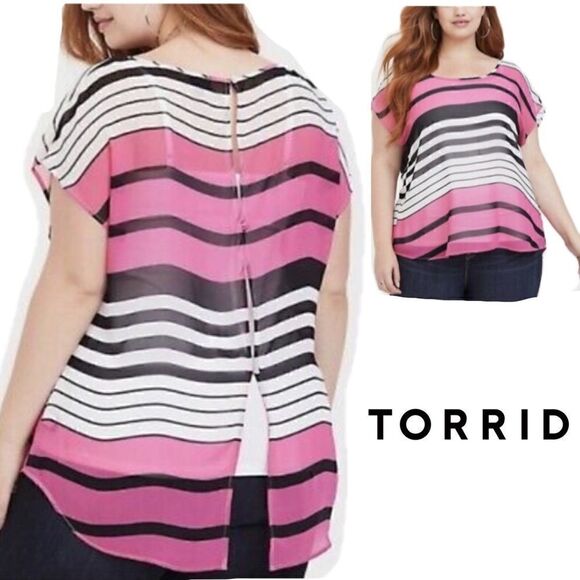 torrid Tops - Torrid 0 Striped Blouse Pink/coral Sheer Button Back Top